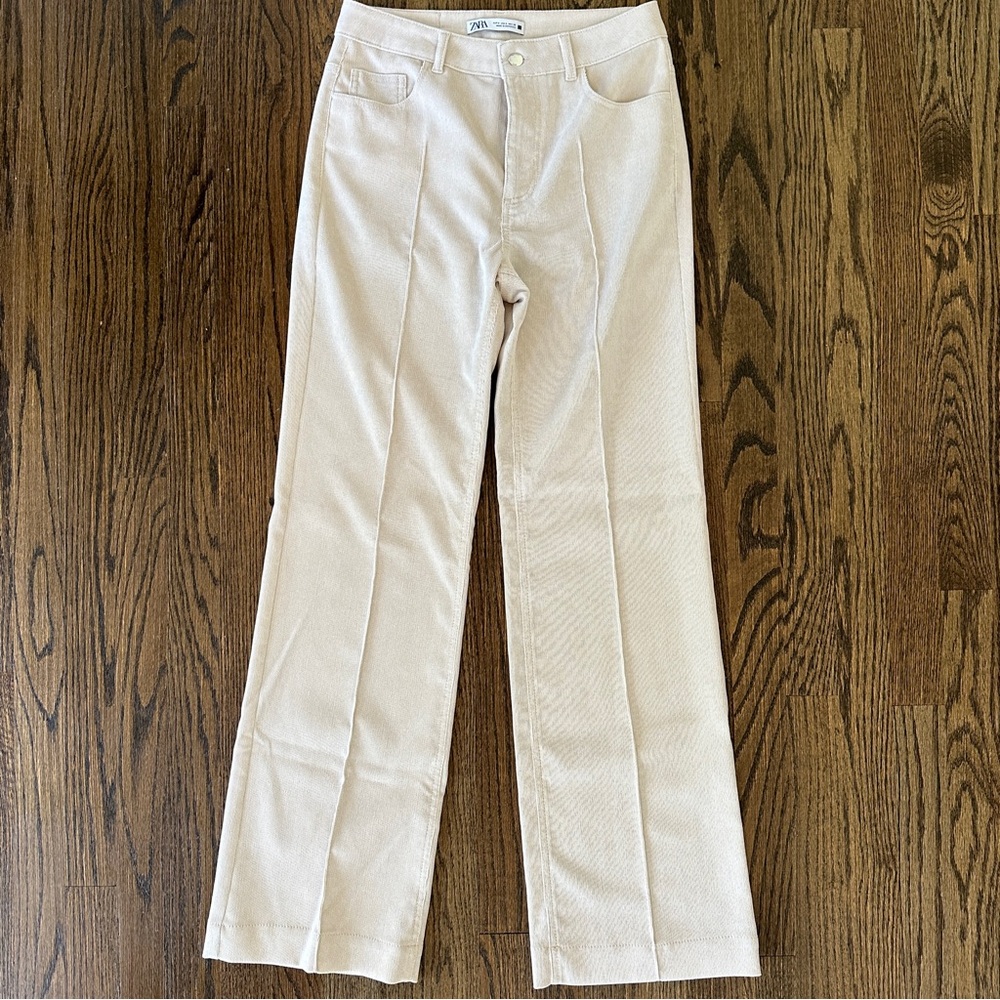 Zara High Rise Straight Leg Ribbed Trousers